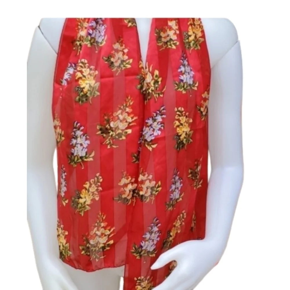 Echo 100% Silk Red Floral Sheer Scarf Vintage Style
